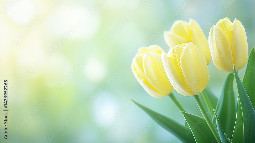 Vibrantly colored tulip flowers in the spring, on a pastel,
soft color, blurred background.