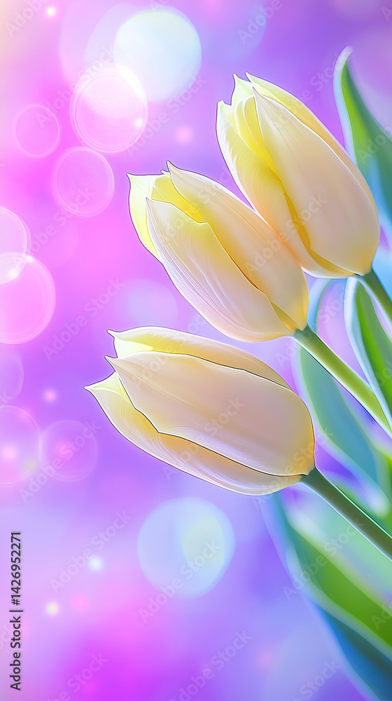 Vibrantly colored tulip flowers in the spring, on a pastel,
soft color, blurred background.