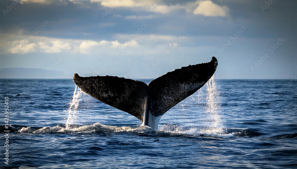 Fototapeta premium close up A majestic whale tail emerging from the ocean surface, water splashing, dramatic li