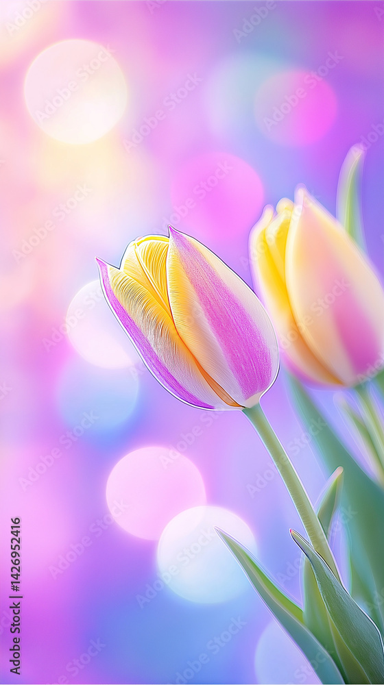 Vibrantly colored tulip flowers in the spring, on a pastel,
soft color, blurred background.