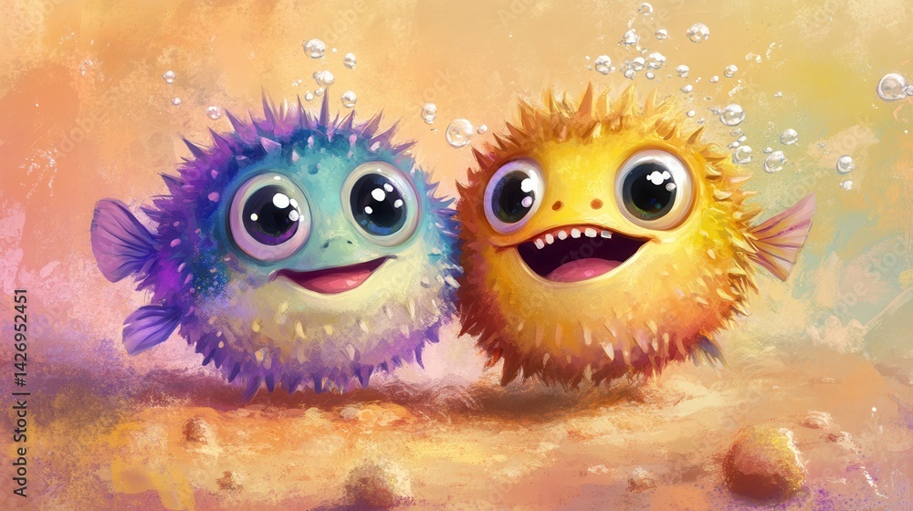 Naklejka premium An illustration features two adorable baby puffer fish swimming among vibrant coral reefs.
