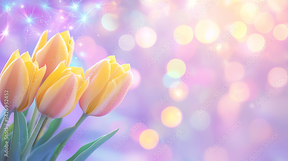 Vibrantly colored tulip flowers in the spring, on a pastel,
soft color, blurred background.