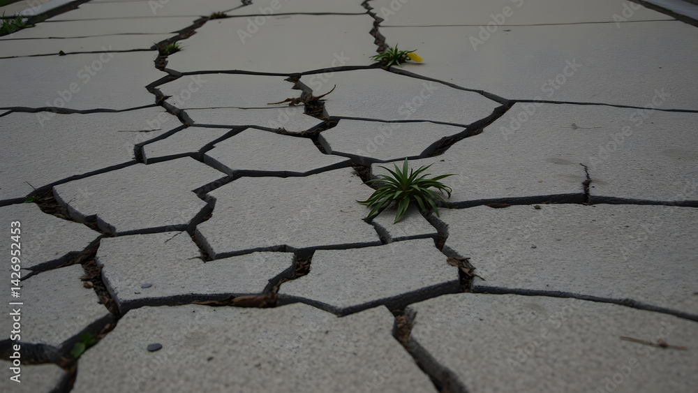 Obraz premium Cracked sidewalk pavement with weed growth, gritty background for indie films or realist photography