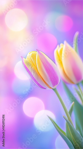 Obraz na płótnie Vibrantly colored tulip flowers in the spring, on a pastel,
soft color, blurred background. w salonie