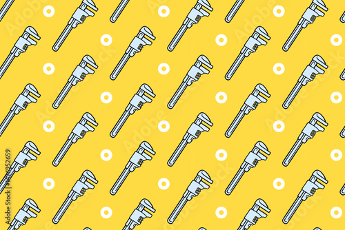 pipe wrench with nut colorful pattern on yellow background. doodle adjustable wrench with fastener seamless pattern background. wrench seamless pattern for industrial, workshop merchandise