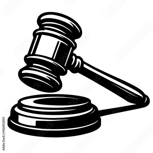 Vector illustration of a gavel resting on its sounding block in black and white. Represents law, justice, and authority.