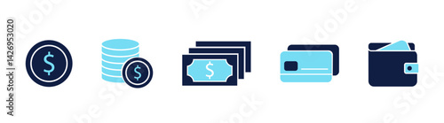 Set of icons related to money, finance, payment, economy. Money payments elements collection. Editable stroke. Vector illustration.