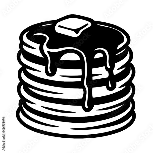 Vector illustration of a stack of pancakes with butter on top and syrup dripping down in black and white. Represents breakfast, food, and a simple graphic style.