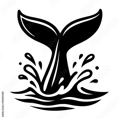 Vector illustration of a whale tail fluke diving into or emerging from the water, depicted in black and white with splashes. Represents marine life, ocean, and a simple graphic style.