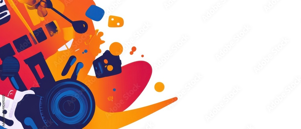 Fototapeta premium Vibrant abstract vector illustration with camera, film, and geometric shapes in red, orange, and blue, creating a dynamic and modern design