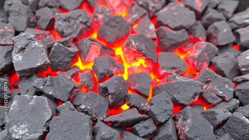 Crumbled charcoal briquettes with glowing orange embers, grilling background for BBQ sauce labels or outdoor cooking blogs.8.png