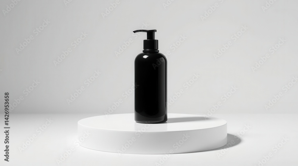 Sleek black dispenser on a white podium. Minimalist presentation of personal care product. Sleek black dispenser on a white podium. Minimalist presentation of personal care product.
