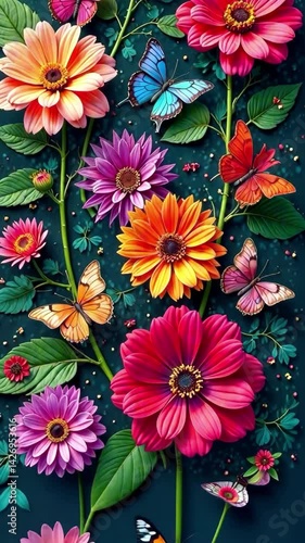 Colorful blooming flowers and butterflies in lush garden with vibrant motion