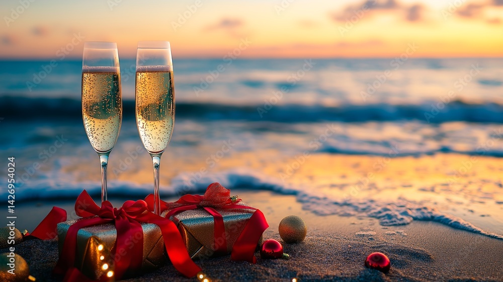 christmas card with champagne, christmas tree, gifts and decorations.
