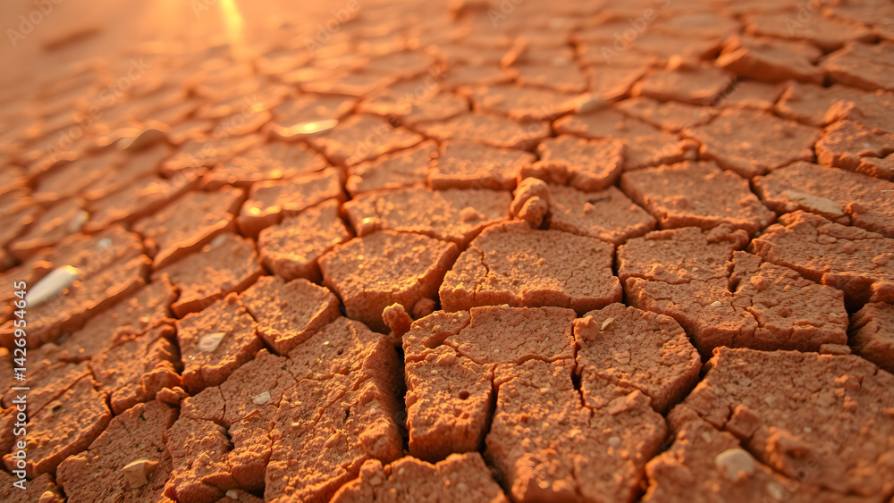 Obraz premium Close-up texture of cracked desert soil under golden hour light, warm terracotta and amber hues, ideal for background in nature-themed designs or environmental projects