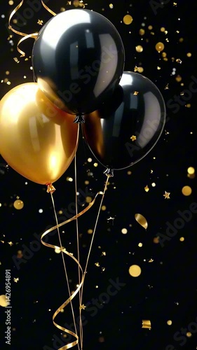 Elegant black and gold balloons in a festive celebration with floating confetti
