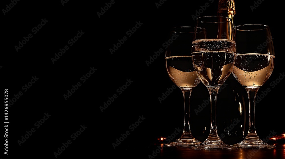 champagne bottle with glass and two glasses