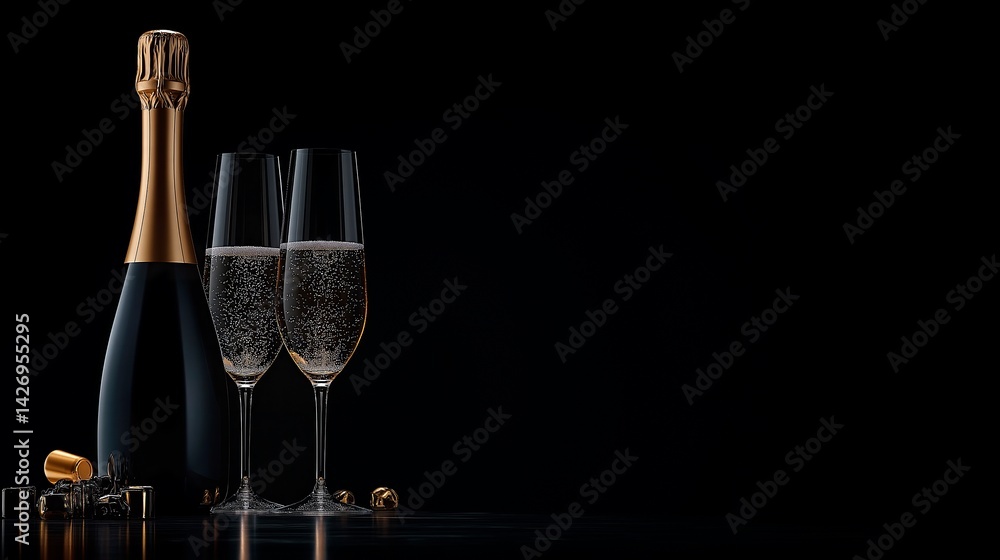 champagne bottle with glass and two glasses