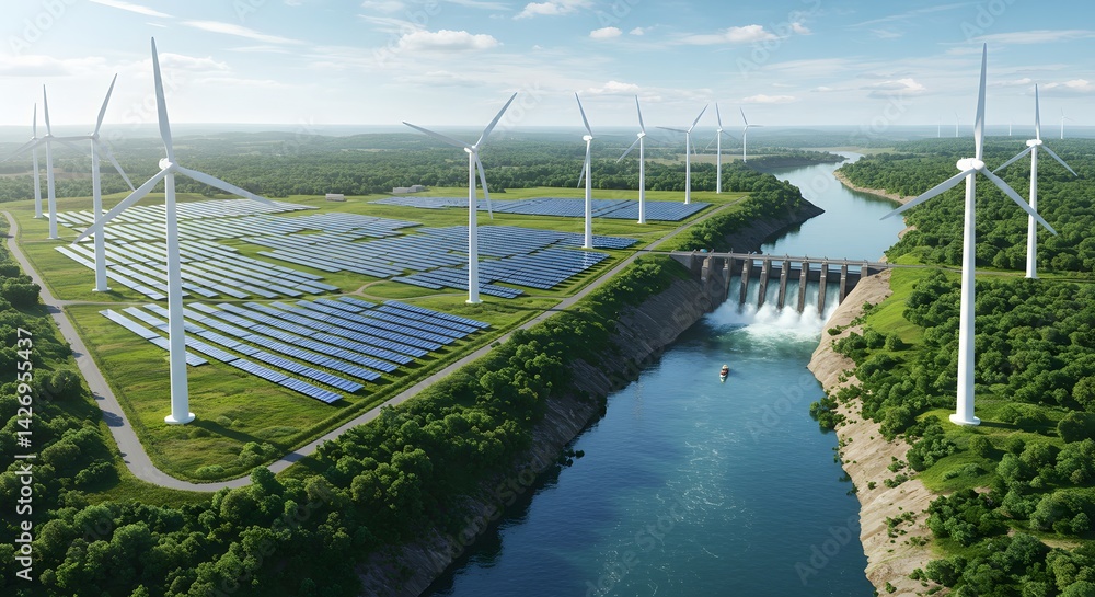 Obraz premium Sustainable Energy Solar Panels Wind Turbines Hydropower Green Landscape