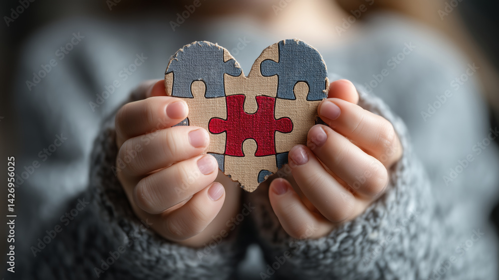 Hands grasping a heart-shaped paper head made of jigsaw puzzle pieces Hands grasping a heart-shaped paper head made of jigsaw puzzle pieces