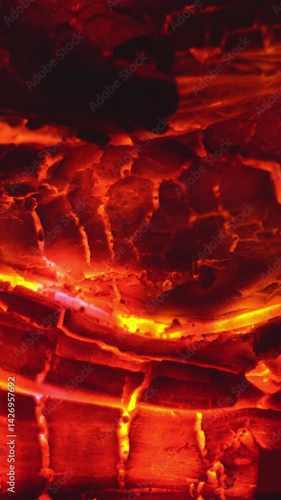 Burning flame at fireplace, nobody. Closeup. Vertical footage