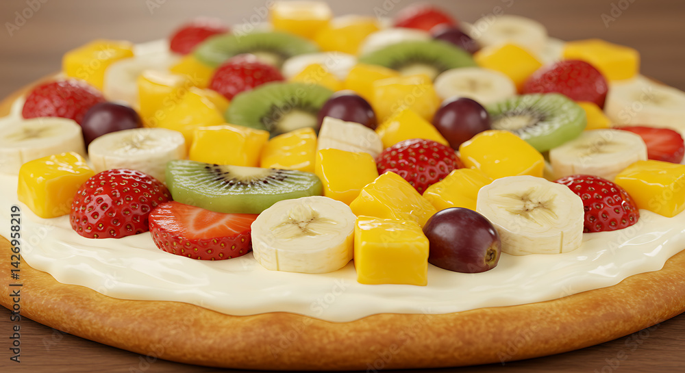 Colorful fruit pizza on a wooden table. A sweet treat topped with bananas, strawberries, kiwi, mango, and grapes on a cream cheese base. Colorful fruit pizza on a wooden table. A sweet treat topped with bananas, strawberries, kiwi, mango, and grapes on a cream cheese base.