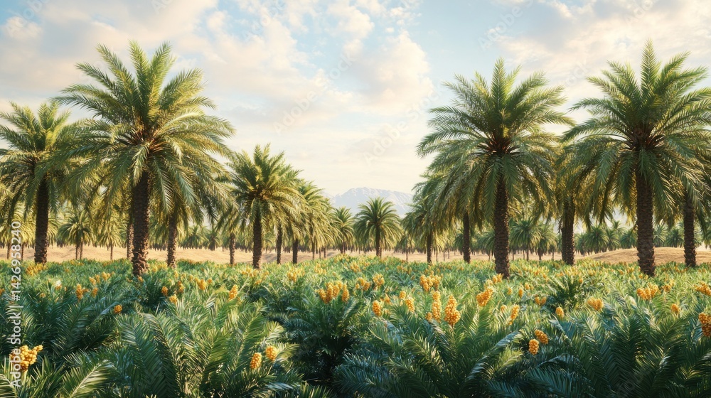 Palm trees and yellow flowers in a desert landscape Palm trees and yellow flowers in a desert landscape