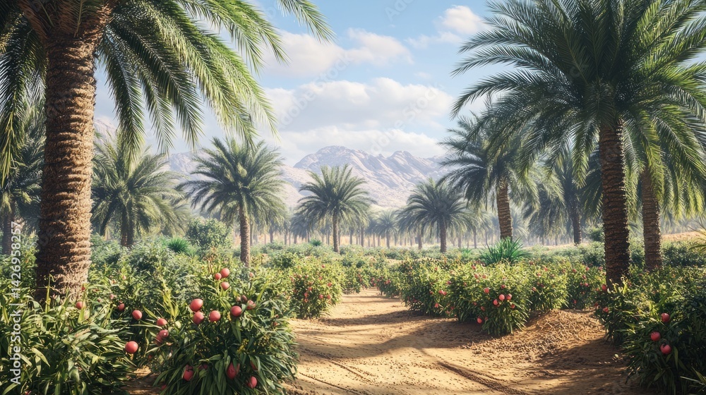 Fototapeta premium Palm oasis path under sunny sky