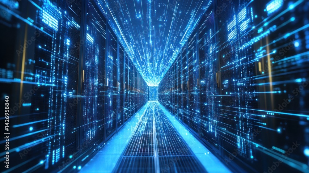 Futuristic server room data stream. Dynamic digital network corridor filled with glowing code and data streams. High-tech server racks line the pathway. Intense energy and speed depicted Futuristic server room data stream. Dynamic digital network corridor filled with glowing code and data streams. High-tech server racks line the pathway. Intense energy and speed depicted