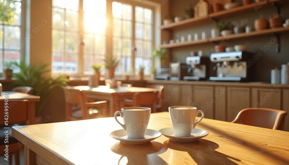 Sunny cafe interior features coffee maker, cups on wooden tables. Cozy space bathed sunlight. Cups hot coffee with steam. Cafe, eatery, breakfast, relax time, aroma, comfort, beverage, fresh drink. Sunny cafe interior features coffee maker, cups on wooden tables. Cozy space bathed sunlight. Cups hot coffee with steam. Cafe, eatery, breakfast, relax time, aroma, comfort, beverage, fresh drink.