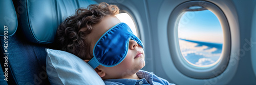 portrait little boy sleeping with sleep mask on airplane