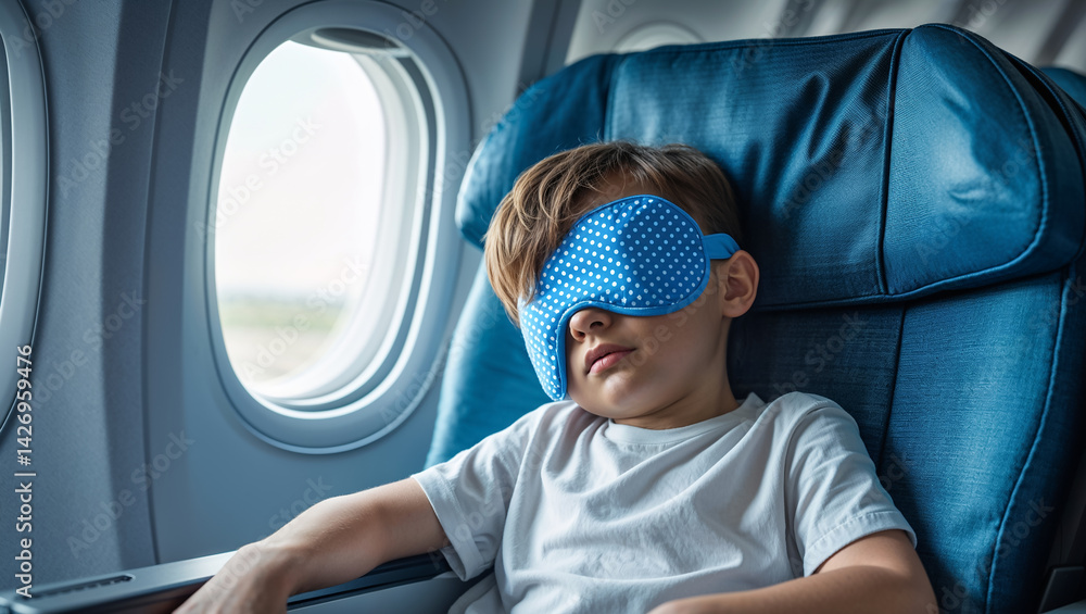 portrait little boy sleeping with sleep mask on airplane