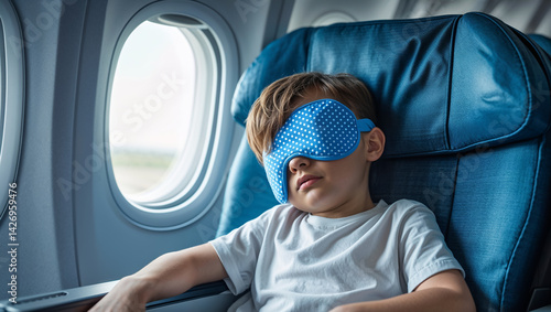 Obraz na płótnie portrait little boy sleeping with sleep mask on airplane w salonie