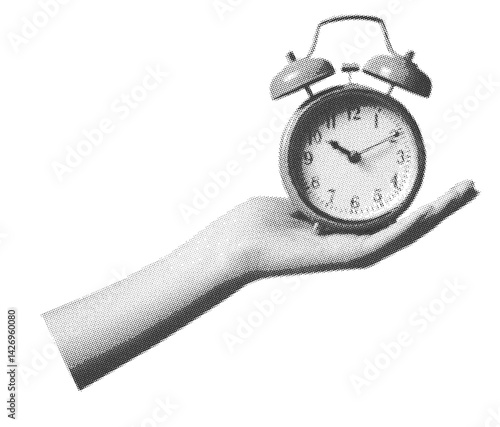 Halftone hand holding alarm clock in vintage collage style. Ringing alarm clock. Newspaper elements.