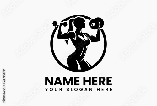 Powerful fitness woman silhouette in mid-exercise, energetic vector logo for gyms and personal trainers