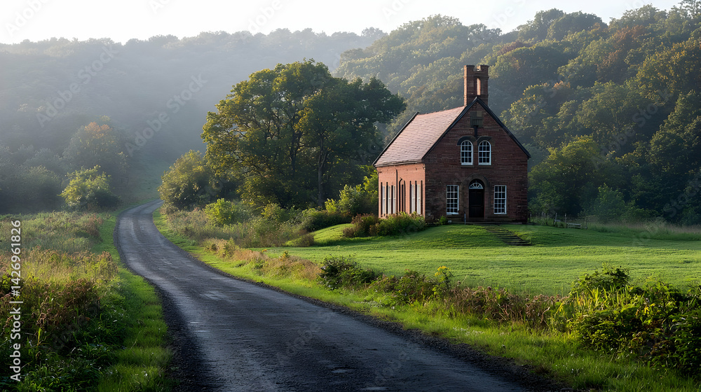Fototapeta premium Abandoned Red Brick Cottage On A Country Road In Misty Morning Light