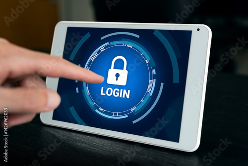 Login to private device concept. Hand touching lock icon to access private tablet.