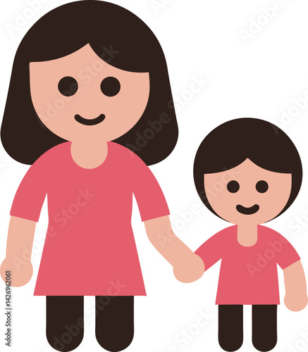 Illustration of a Smiling Mother and Child Holding Hands in Matching Outfits