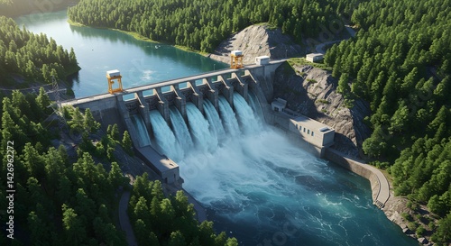 Hydroelectric Dam River Forest Renewable Energy Power Generation Aerial View