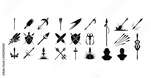 Spear Silhouette Vector Set | Ancient Weapon Outline Icons   Spearhead Outline Clipart | Tribal Weapon Silhouette Pack