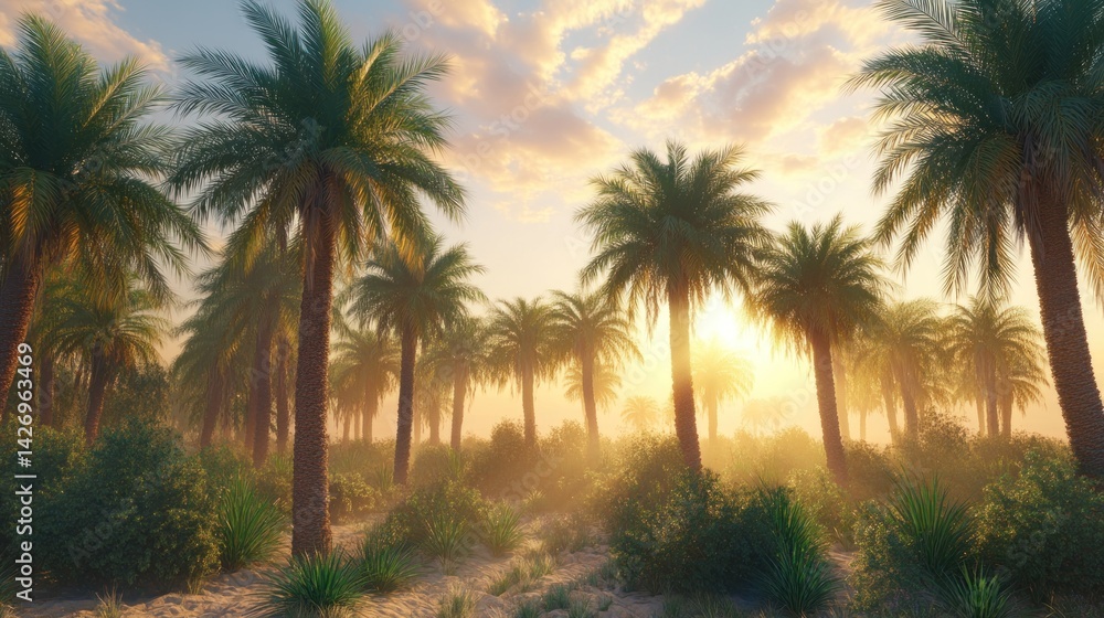 Obraz premium Lush palm grove at golden hour