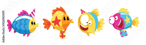 Funny Fish Character Floating with Gift Box Celebrating Holiday Vector Set