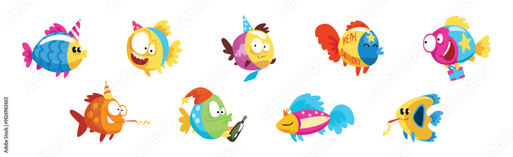 Funny Fish Character Floating with Gift Box Celebrating Holiday Vector Set Funny Fish Character Floating with Gift Box Celebrating Holiday Vector Set