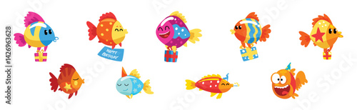 Funny Fish Character Floating with Gift Box Celebrating Holiday Vector Set