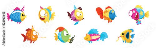 Funny Fish Character Floating with Gift Box Celebrating Holiday Vector Set