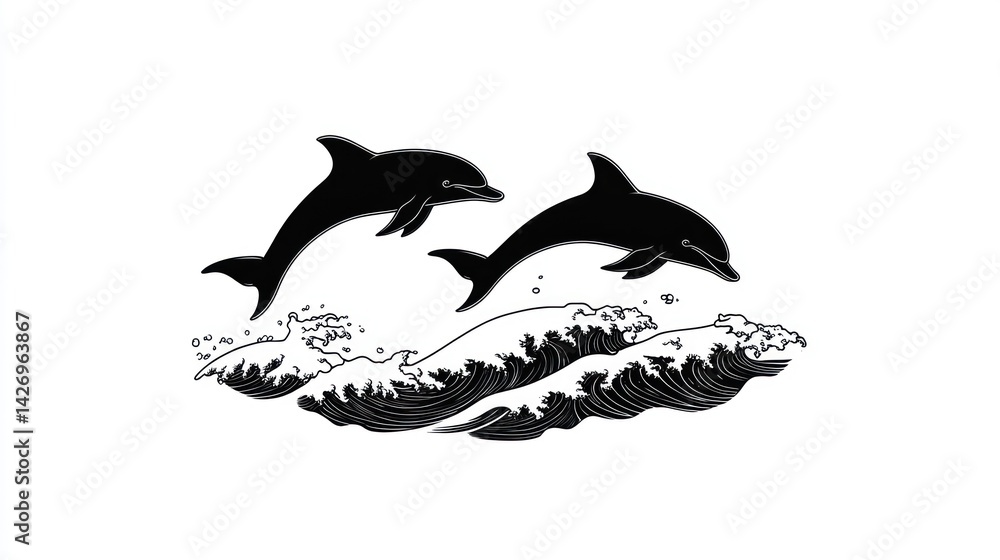 Fototapeta premium Two dolphins leaping over ocean waves