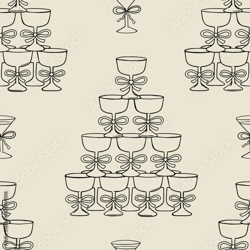 Vintage seamless pattern with champagne towers and bows. Holiday vector hand drawn background with pyramid of cocktail glasses