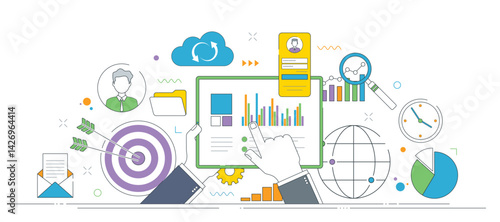 Business data analysis tools, and business growth indicators illustration with vector icons.