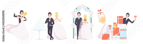 Just Married and Newlyweds Couple of Man and Woman Vector Set