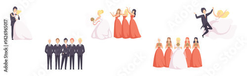 Just Married and Newlyweds Couple of Man and Woman Vector Set